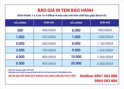 báo giá in tem bảo hành