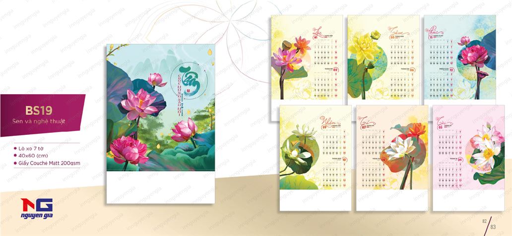 Mẫu lịch hoa sen treo tường 7 tờ