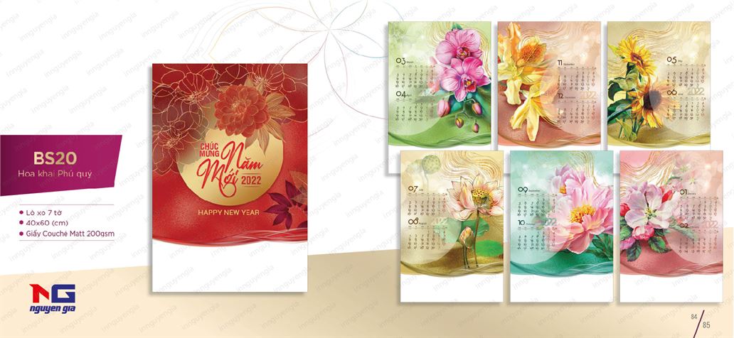 Mẫu lịch treo tường chủ đề Hoa khai phú quý