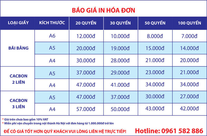 bảng báo giá in hóa đơn