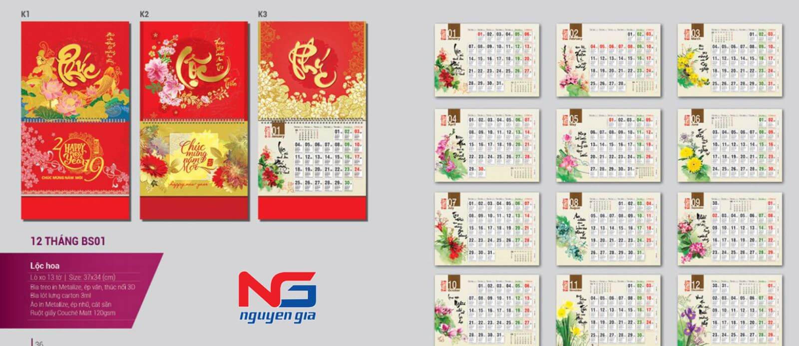 lịch treo tường lò xo giữa 13 tờ đẹp 2019