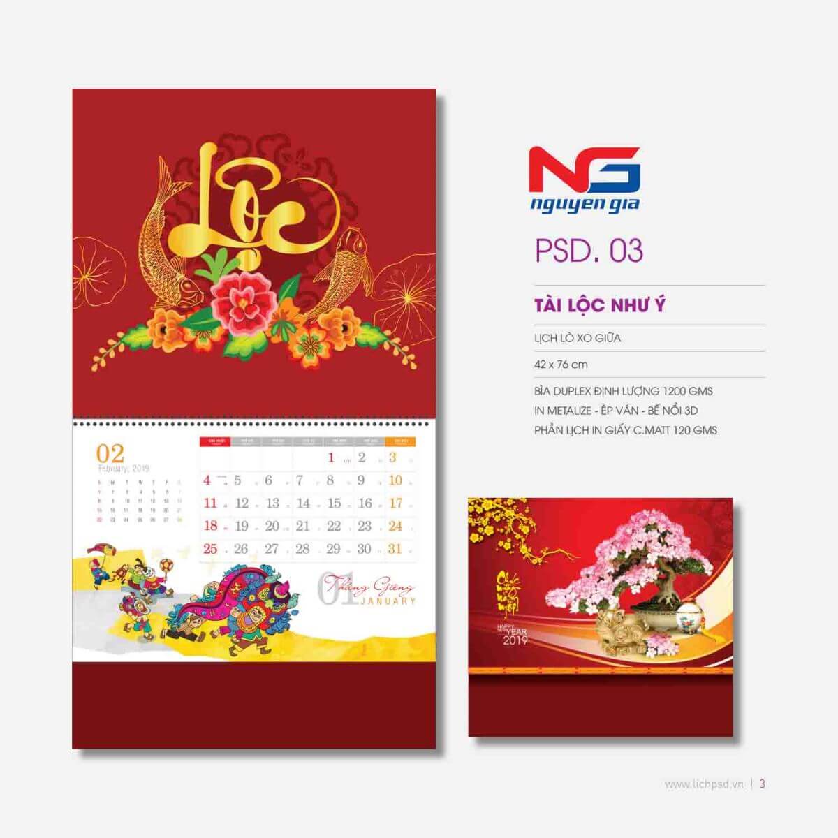 mẫu lịch lò xo giữa 2019 lộc