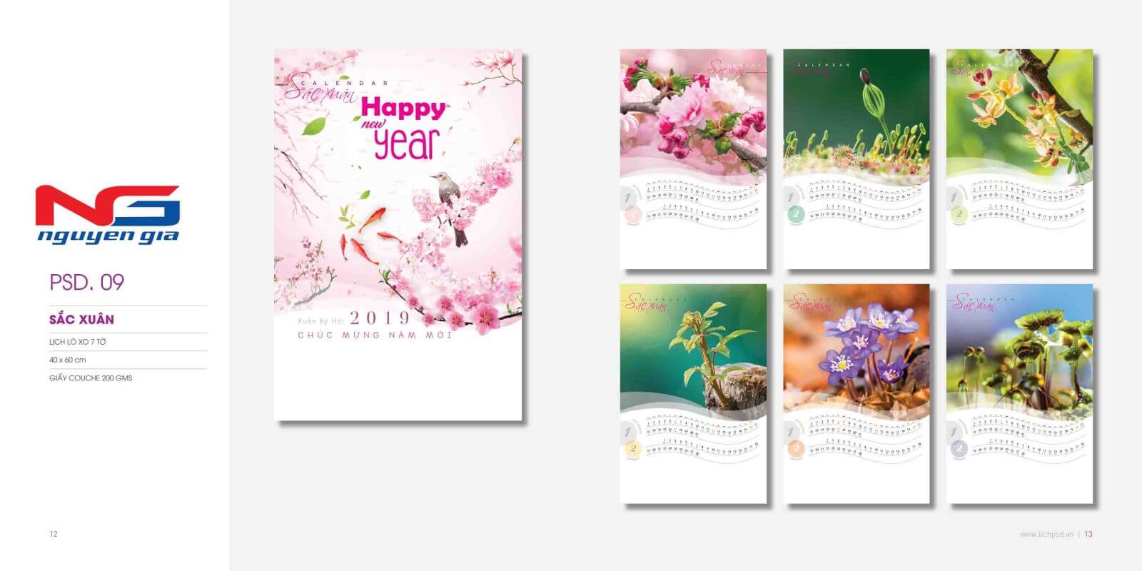 mẫu lịch lò xo 7 tờ sắc xuân 2019