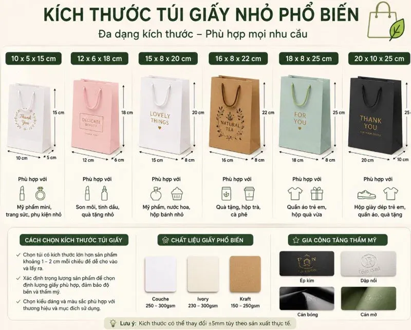 Kích thước túi giấy phổ biến nhất hiện nay