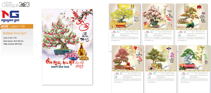 mẫu lịch treo tường 7 tờ bon sai phú quý