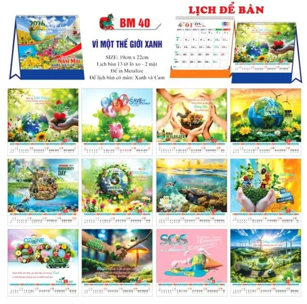 Mẫu lịch để bàn vì một thế giới xanh 2026